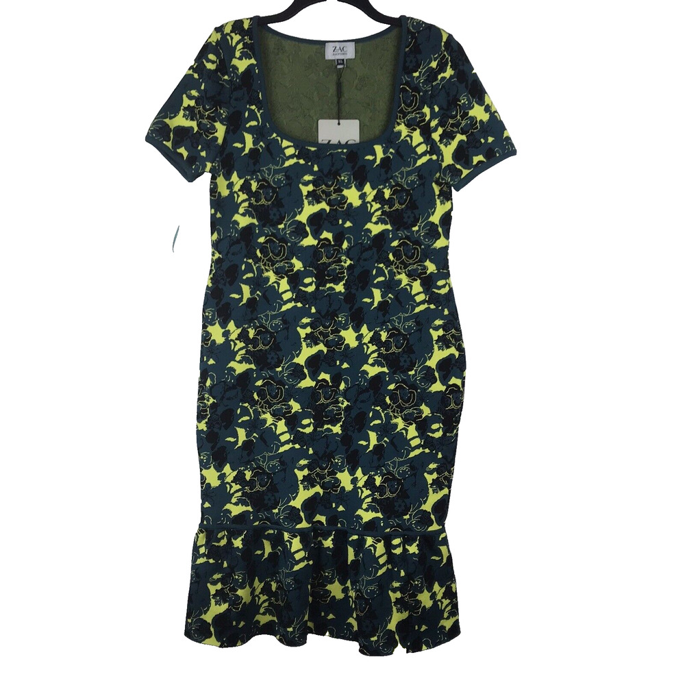 NWT Zac Posen Bodycon Dress Floral XL Trumpet Cocktail Stretch Knit Green Blue